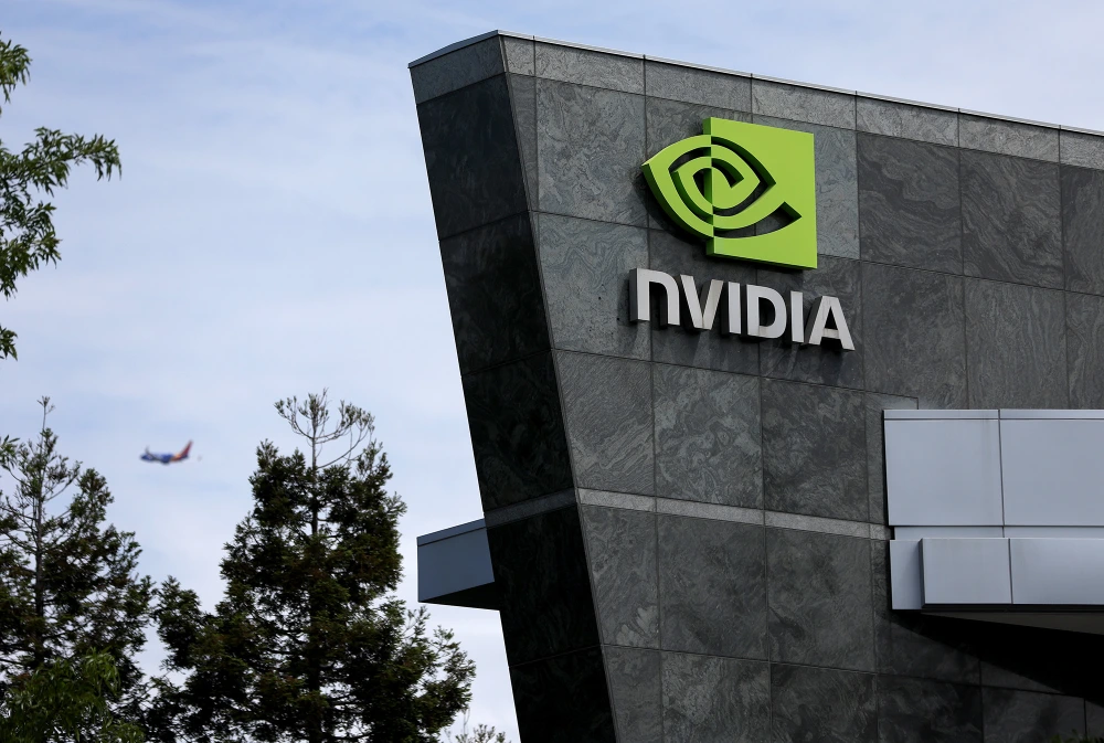 Nvidia $5 Trillion Milestone : Nvidia logo on stock market ticker as Nvidia $5 trillion valuation hit is announced