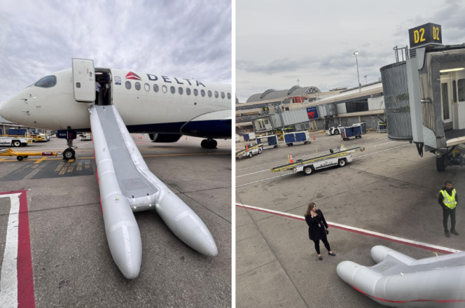 Delta flight attendant slide deployment – Crew inspecting deployed emergency slide at Pittsburgh airport.